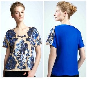 TRACY REESE NEIMAN MARCUS FOR TARGET BEIGE & ROYAL BLUE SEQUIN TOP